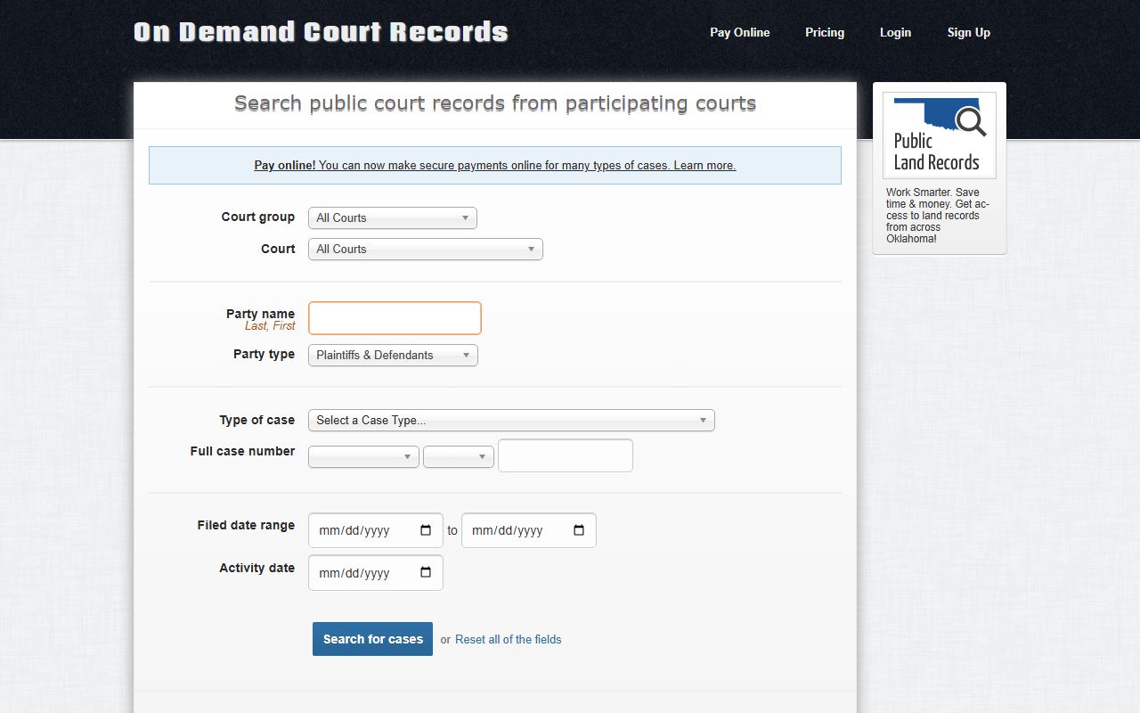 Washita County court records after arrest ODCR search portal