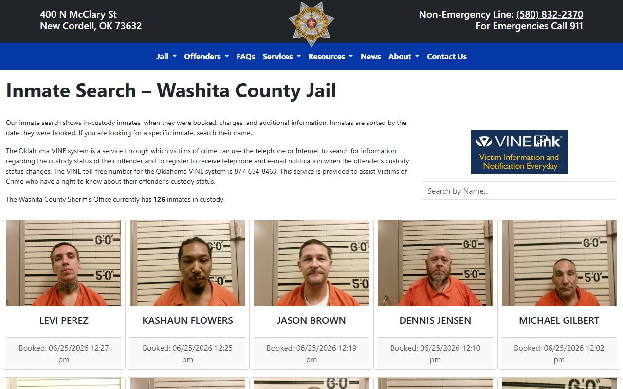 Washita County inmate search and jail roster screen
