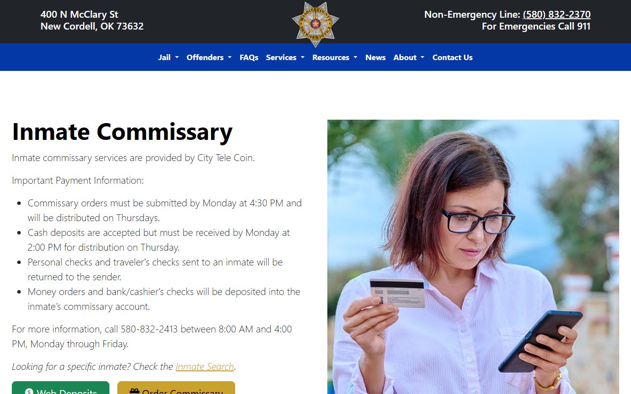 Washita County Jail commissary deadlines and deposit options