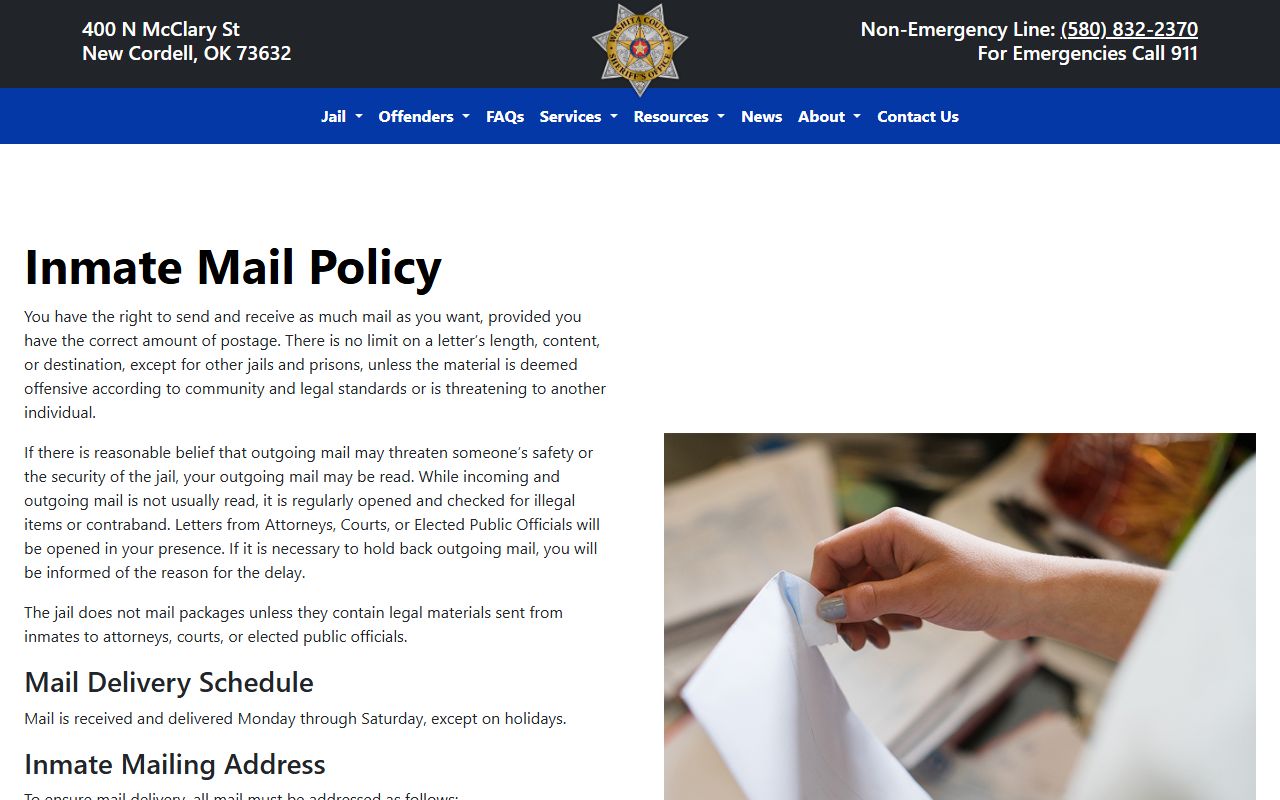 Washita County Jail inmate mail address and mail rules