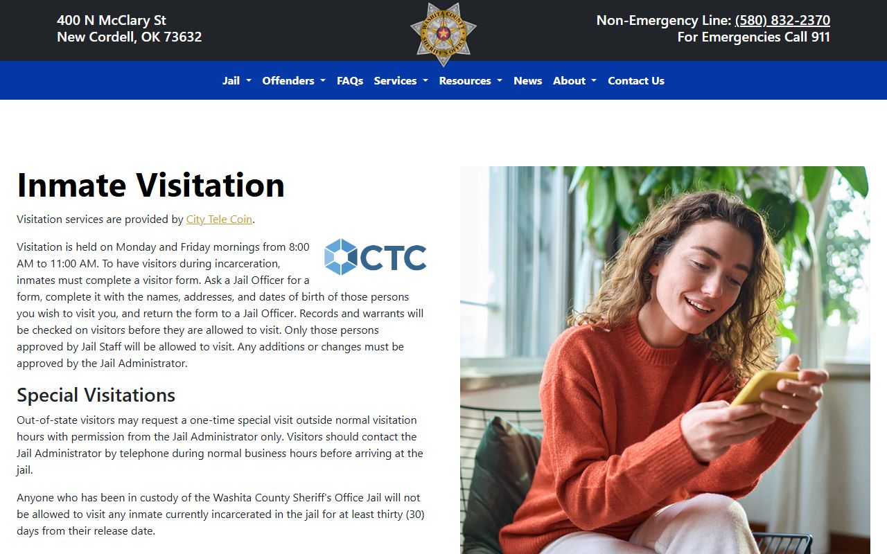 Washita County Jail visitation rules and City Tele Coin information